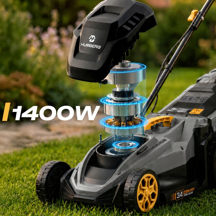 Zāles pļāvēja motora mezgla atvērts skats ar 1400 W norādi un detaļu tuvplānu