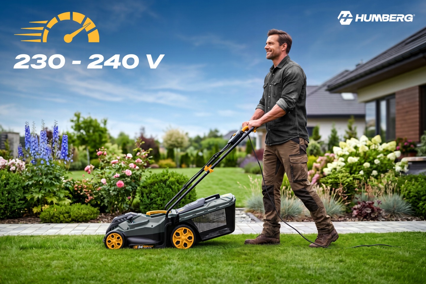 Elektriskais zāles pļāvējs Humberg HM-612 ar marķējumu 230–240 V un lietotāju dārzā
