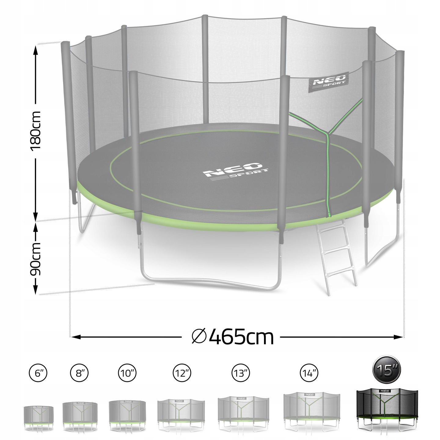 Batuts ar ārējo tīklu un 180 cm tīkla augstuma, 90 cm pamatnes augstuma un 465 cm diametra norādi