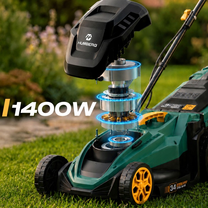 Zāles pļaujmašīnas motora tuvplāns ar 1400 W uzrakstu un atvērtu augšējo korpusu