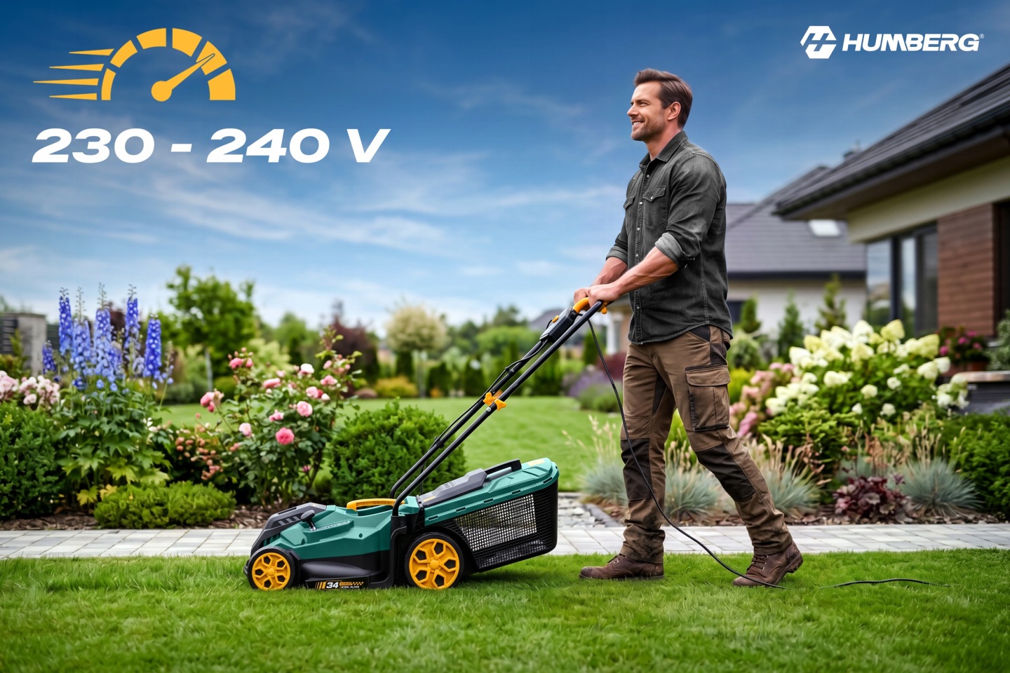 Humberg zāles pļaujmašīna ar uzsvaru uz barošanu 230–240 V, modelis redzams sānskatā dārzā