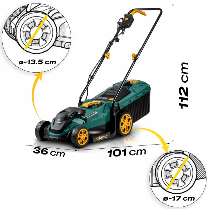 Humberg HM-612 zāles pļaujmašīnas izmēru shēma ar riteņu diametriem, 112 cm augstumu un 101 cm garumu