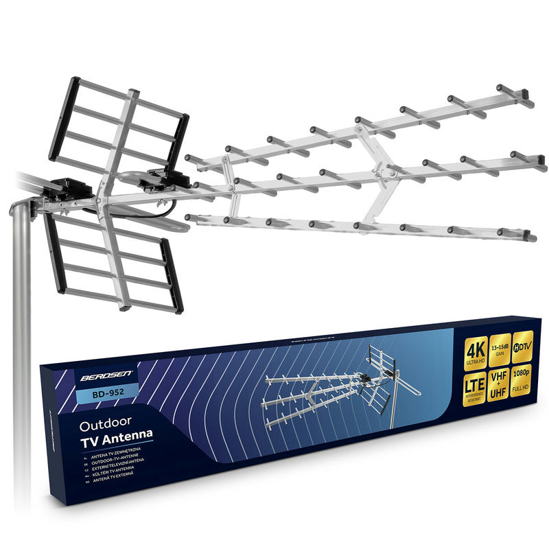 Berdsen BD-952 āra TV antena un iepakojums ar zīmola marķējumu