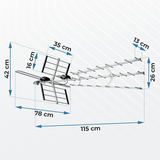 Berdsen BD-952 antenas izmēru skats ar 115 cm garumu un 42 cm augstumu