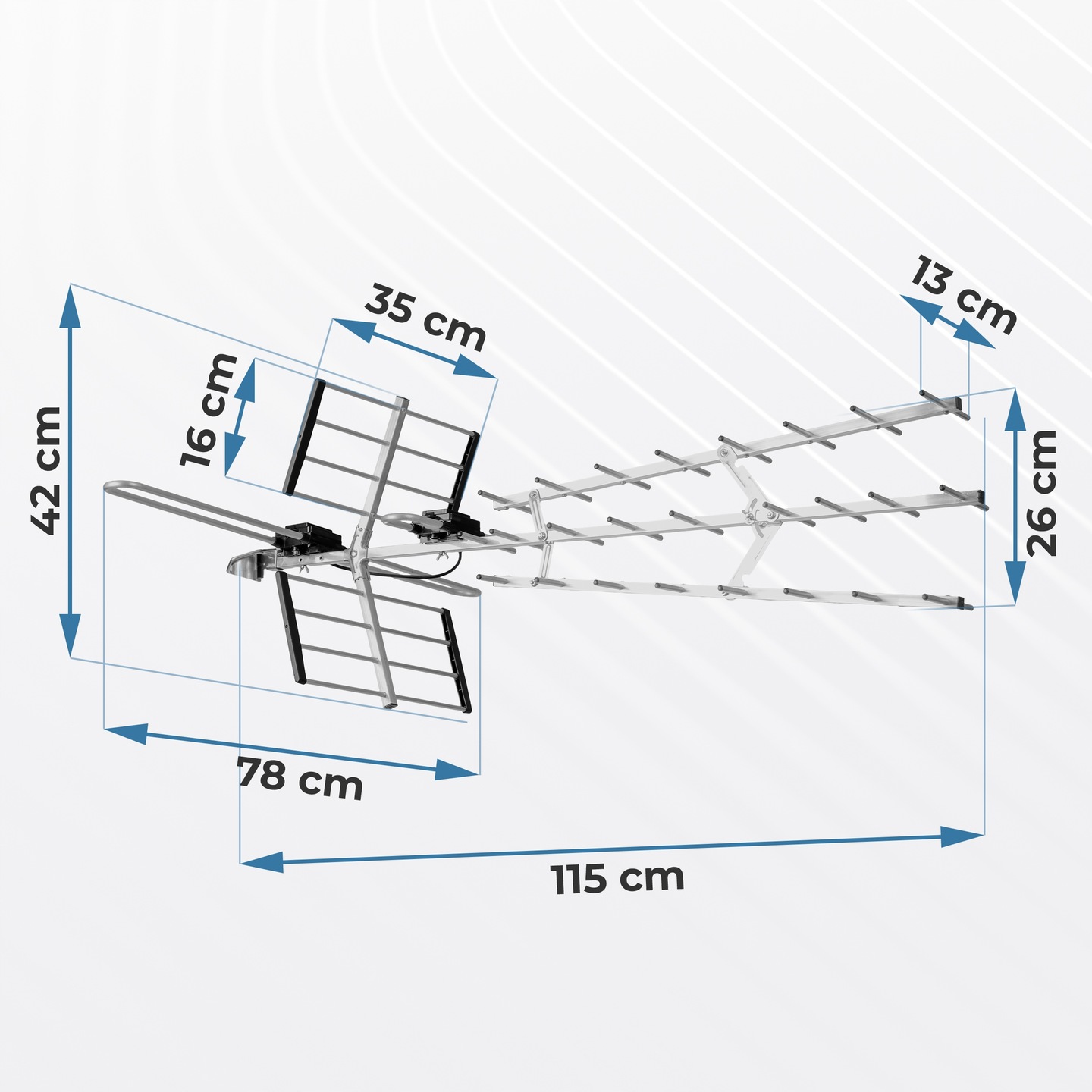 Berdsen BD-952 antenas izmēri ar norādītiem 115 cm, 78 cm, 42 cm, 35 cm, 16 cm un 13 cm
