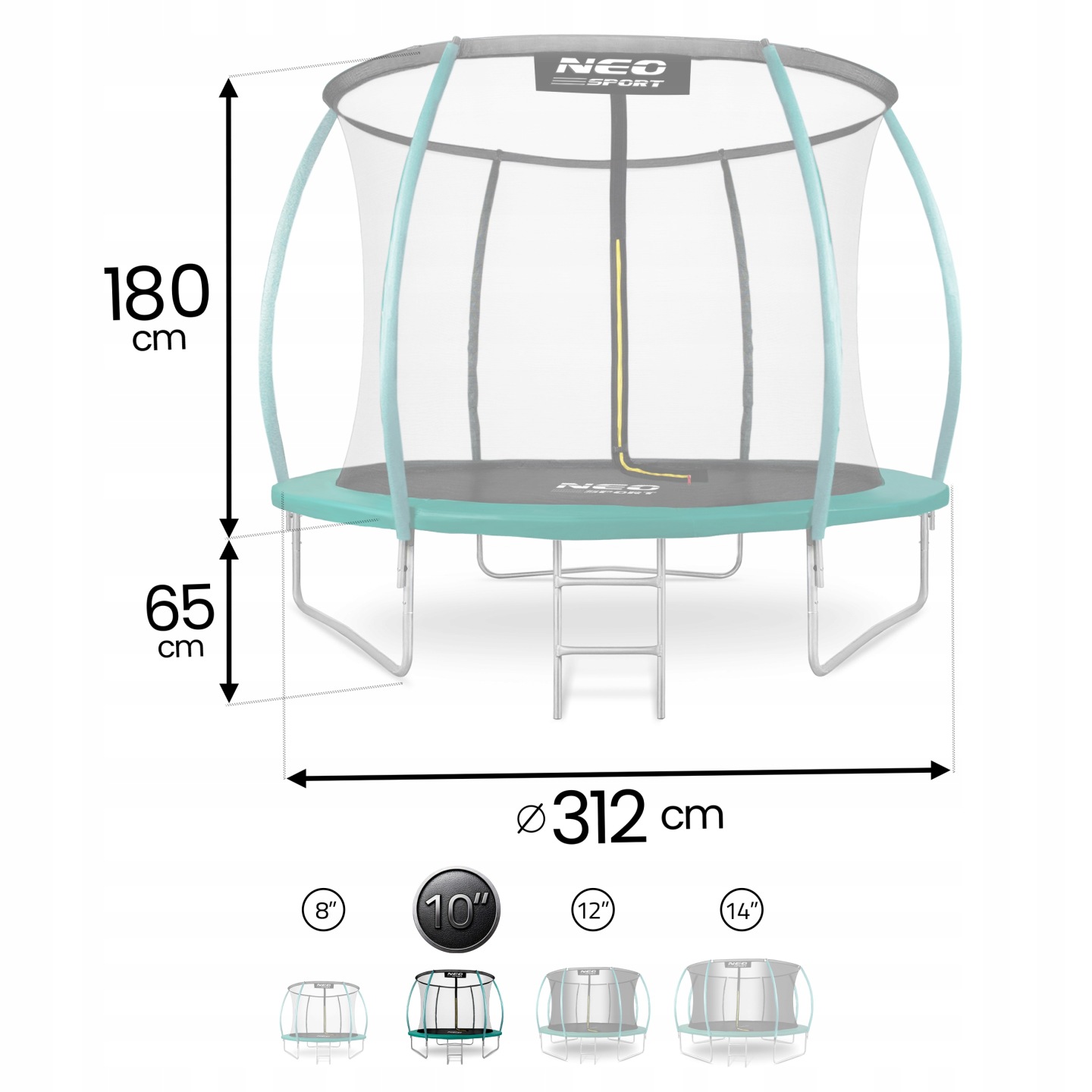 Dārza batuts ar norādītu 180 cm tīkla augstumu, 65 cm rāmja augstumu un 312 cm diametru