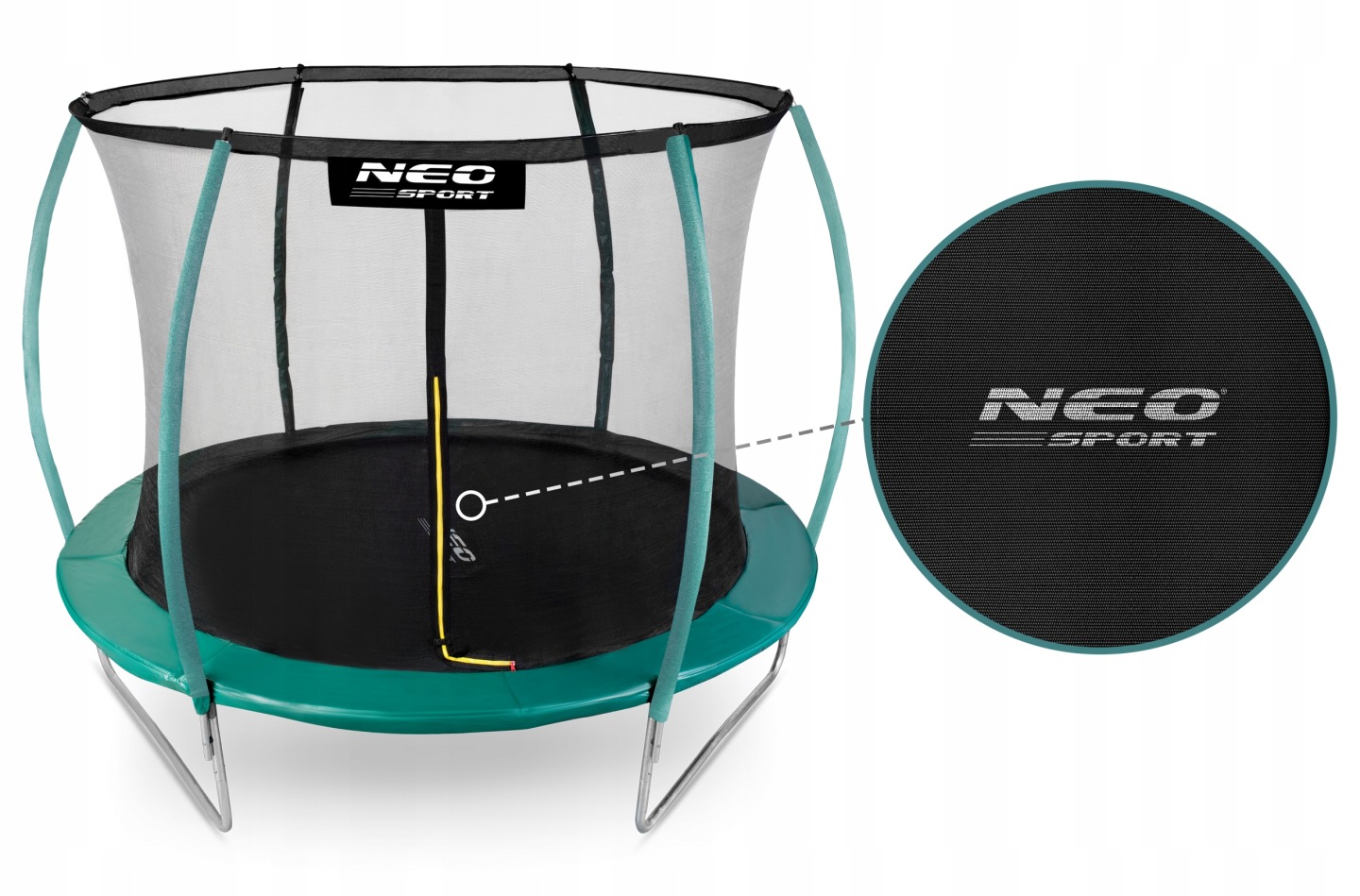 Neo-Sport dārza batuts ar iekšējo drošības tīklu, zaļu apmali un redzamu logo centrā