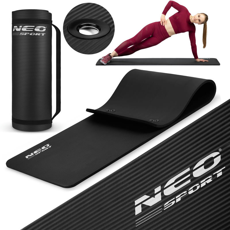 Treniņu paklājiņš ar caurumiem Neo-Sport 183 x 60 cm, biezs, melns – produkta kopskats