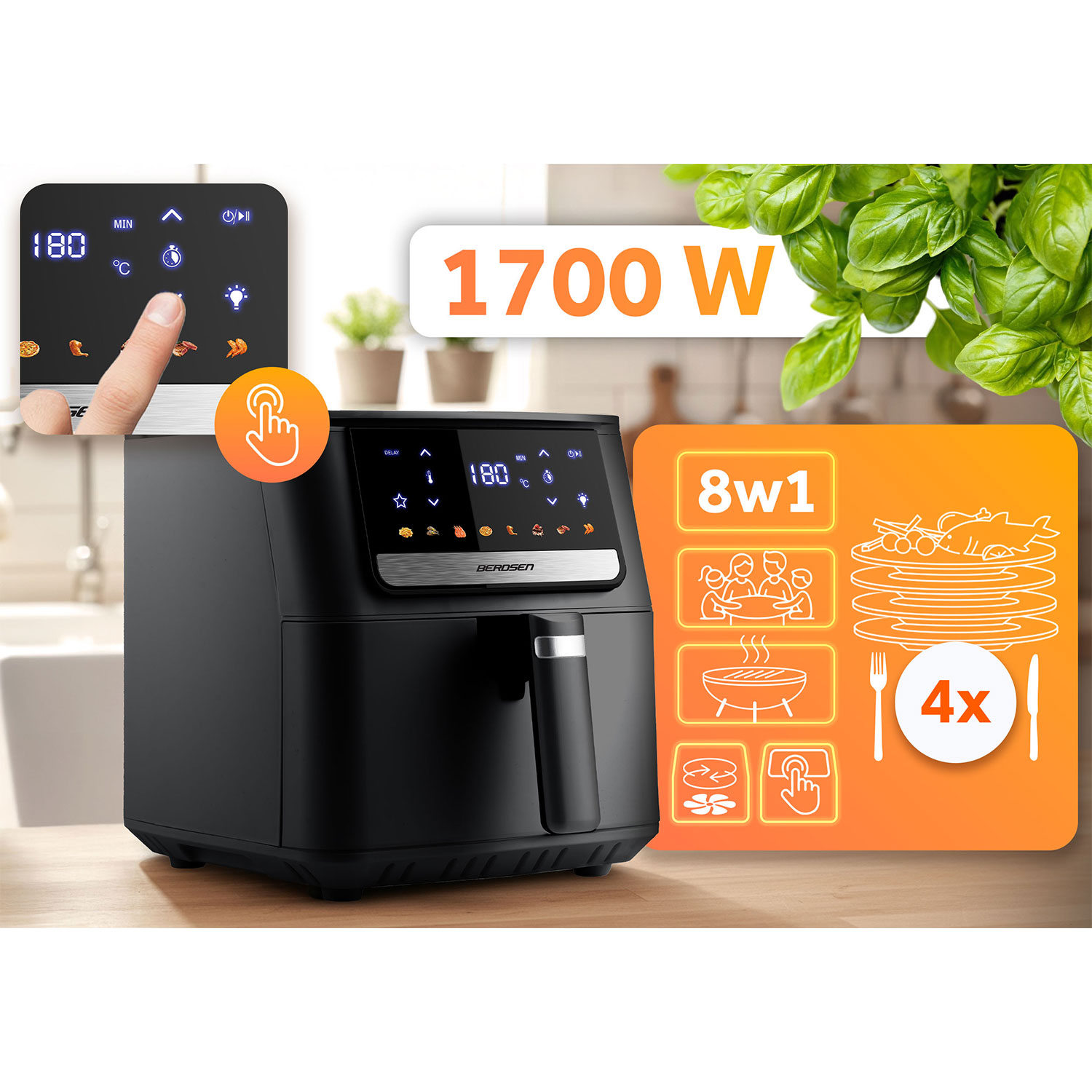 Berdsen beztauku fritieris ar 1700 W jaudas norādi un skārienjutīga paneļa tuvplānu
