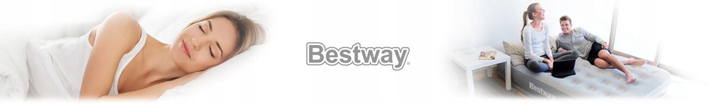 Bestway piepūšamais divvietīgais matracis interjerā ar guļošu cilvēku un pāri uz gultas malas, redzams zīmols un lietošanas aina