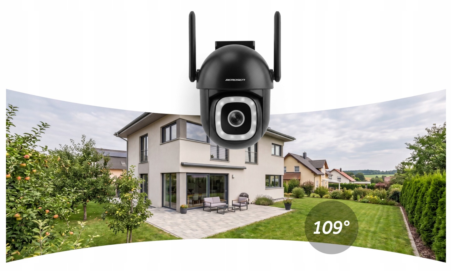 Berdsen BD-943 WiFi PTZ kamera ar 109° skata leņķi uz mājas un dārza fona
