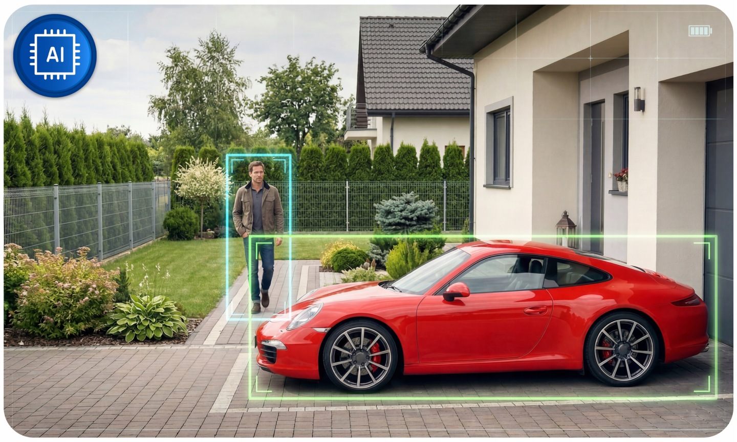 AI noteikšanas āra kamera pie mājas ar iezīmētu personu un transportlīdzekli monitoringa skatā