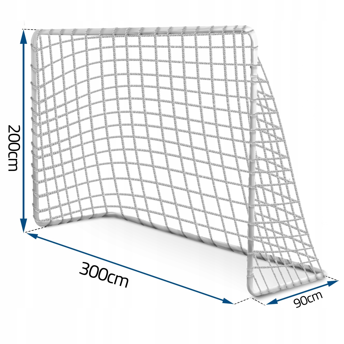 Futbola vārtu tīkls ar izmēru norādēm 200 cm, 300 cm un 90 cm, sānskats