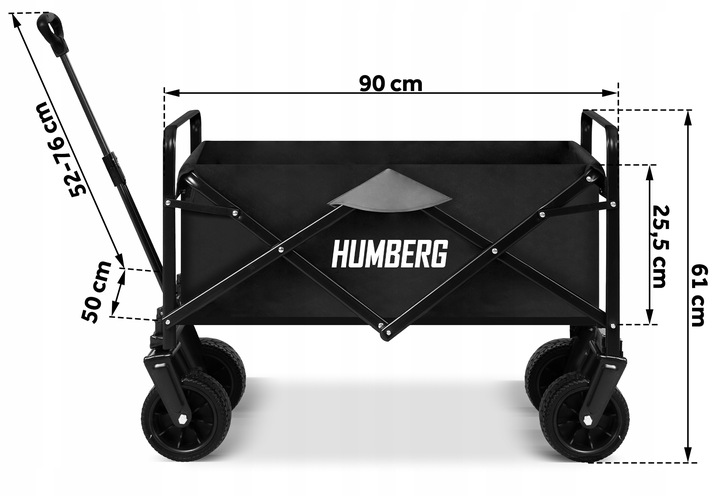 Humberg transporta ratiņi ar izmēru norādēm 90 cm, 61 cm, 25,5 cm, 52–76 cm un 50 cm