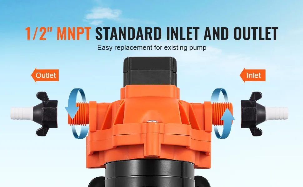 12 V diafragmas sūkņa 1/2" MNPT ieplūde un izplūde ar norādi uz standarta pieslēgumiem