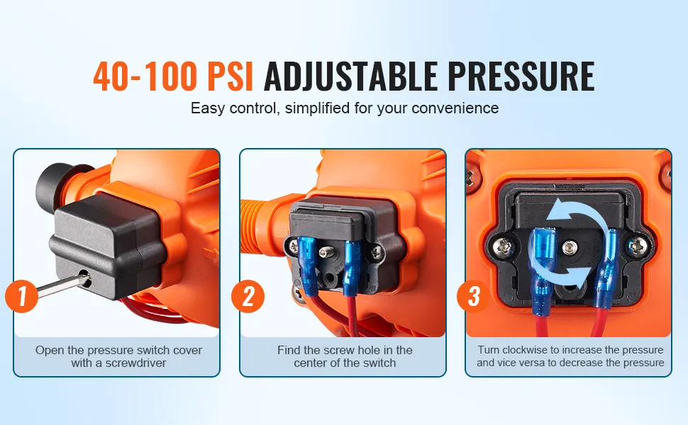12 V diafragmas sūkņa spiediena slēdža regulēšanas soļi ar skrūvgriezi un 40–100 PSI diapazonu