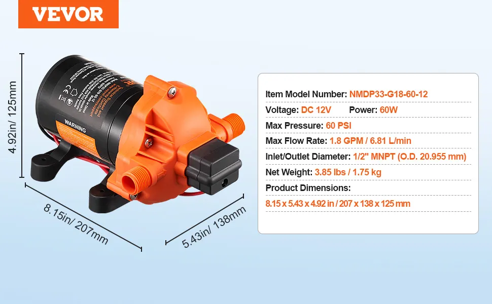 12 V diafragmas sūkņa tehnisko datu uzraksts ar modeli NMDP33-G18-60-12, 60 W un 1,8 GPM