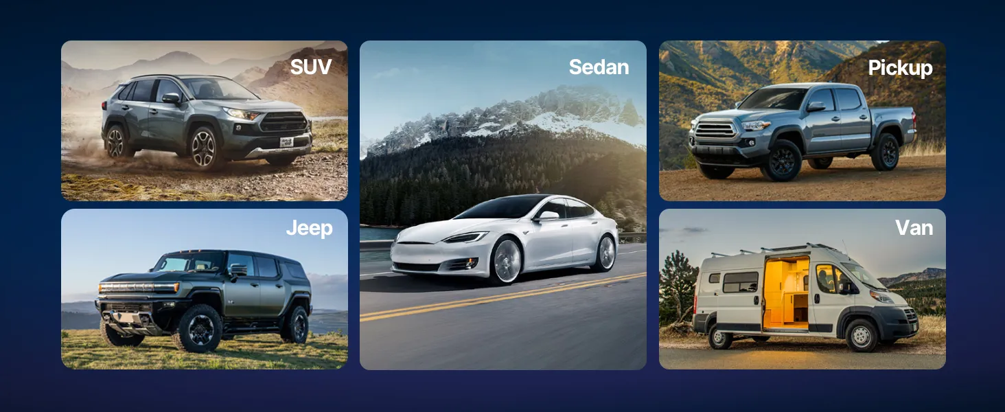 SUV, sedans, pikaps, džips un furgons kā piemēri auto pastiprinātāja savietojamībai