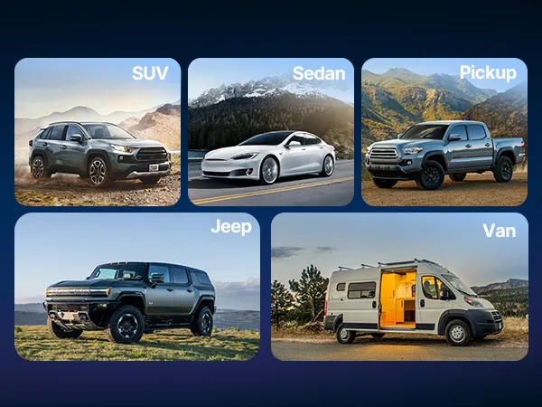 SUV, sedans, pikaps, džips un furgons kā savietojamu transportlīdzekļu piemēri vienā skatā