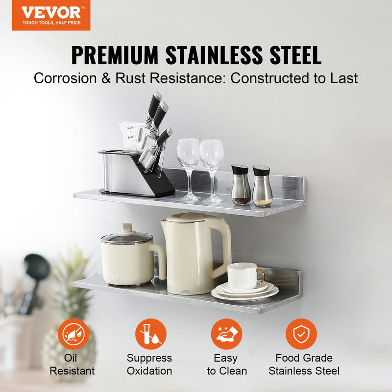 Sienas plaukts no nerūsējošā tērauda 21,8 x 76,2 cm ar aizmugures malu