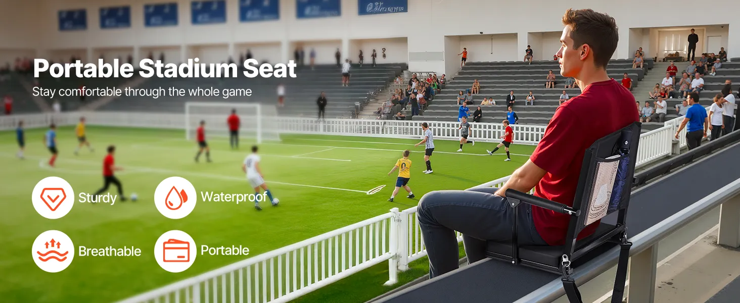 Portatīvais stadiona sēdeklis uz tribīnes sporta laukumā ar roku balstiem un muguras atbalstu