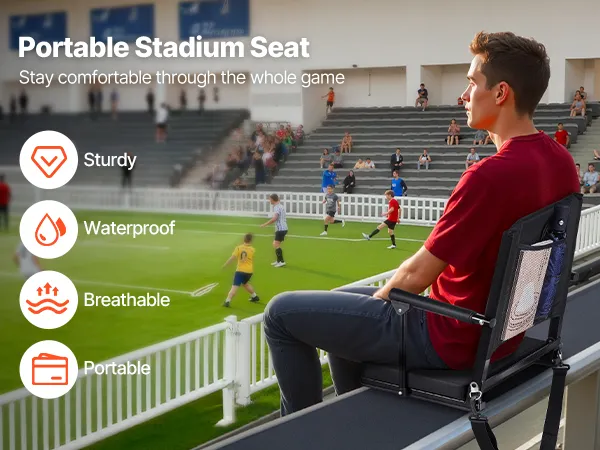 Salokāms stadiona sēdeklis tribīnēs ar redzamu sānskatu un pārnēsāšanas dizaina akcentiem