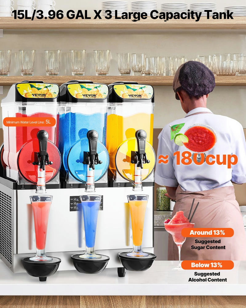 VEVOR komerciālais saldēto dzērienu gatavotājs, 15 L x 3 trīskāršs slushie aparāts