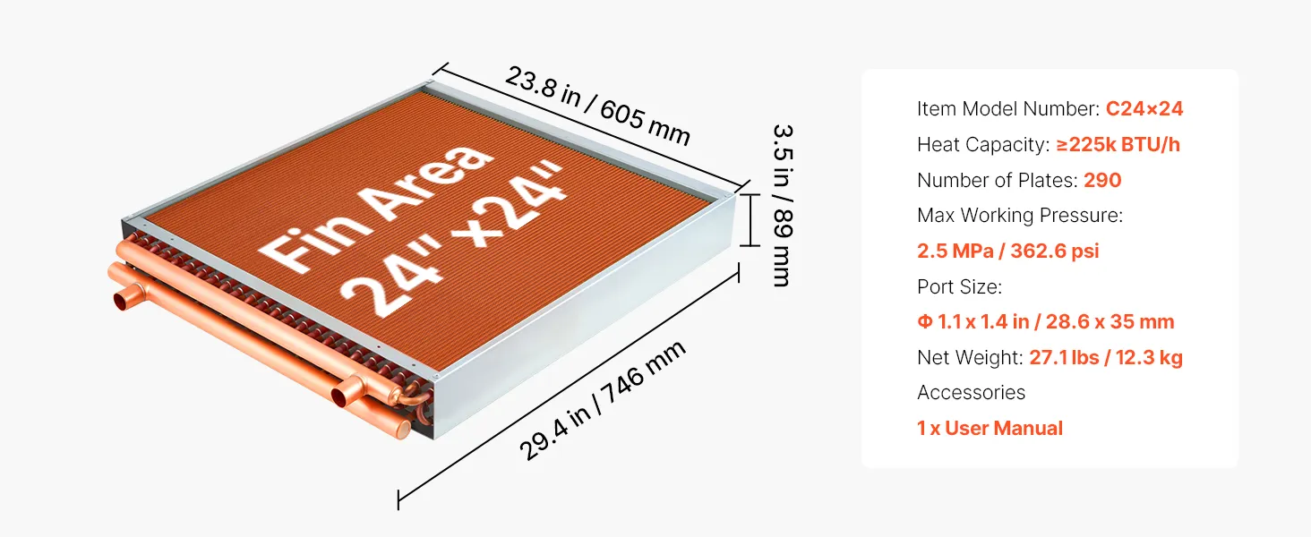 Siltummainis ar izmēru un tehnisko datu tabulu, kur redzams modelis C24×24 un 27,1 lbs svars