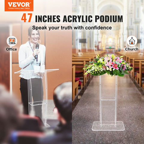 Akrila pults, 119 cm augsta, caurspīdīga, ar platu lasīšanas virsmu un uzglabāšanas plauktu