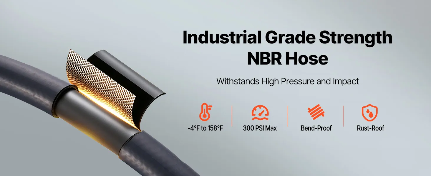 NBR degvielas šļūtenes tuvplāns ar norādi uz 300 PSI un izturību pret nodilumu