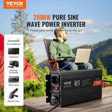 Tīras sinusoīdas sprieguma pārveidotājs, 2000 W, DC 12V uz AC 230V, ar 2 AC ligzdām, 2 USB portiem, 1 Type-C portu, LCD