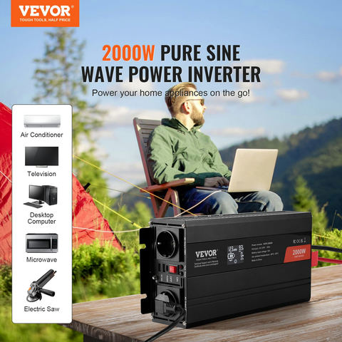 Tīras sinusoīdas sprieguma pārveidotājs, 2000 W, DC 12V uz AC 230V, ar 2 AC ligzdām, 2 USB portiem, 1 Type-C portu, LCD