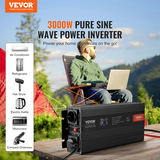VEVOR tīrā sinusa viļņa pārveidotājs 3000 W, DC 12 V uz AC 230 V ar 2 AC ligzdām, 2 USB portiem, Type-C portu, LCD