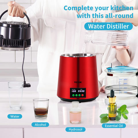 VEVOR 4 L ūdens destilators, 1 L/h, 750 W, 304 nerūsējošais tērauds, sarkans