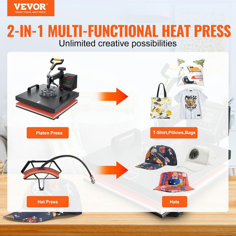 VEVOR 2-in-1 termoprese 15 x 15 collu / 38 x 38 cm ar Teflona pārklājumu