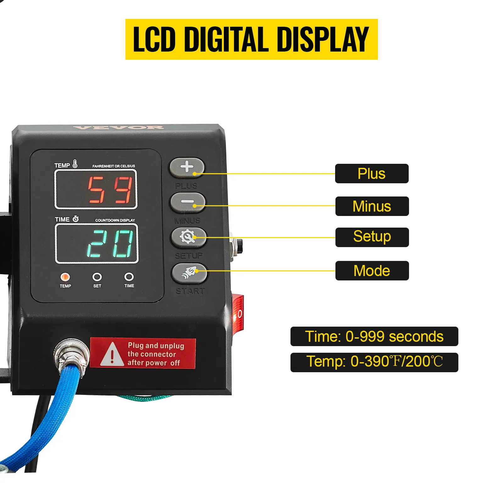 Termopreses LCD vadības bloks ar temperatūras un laika displeju, plus un mīnus pogas