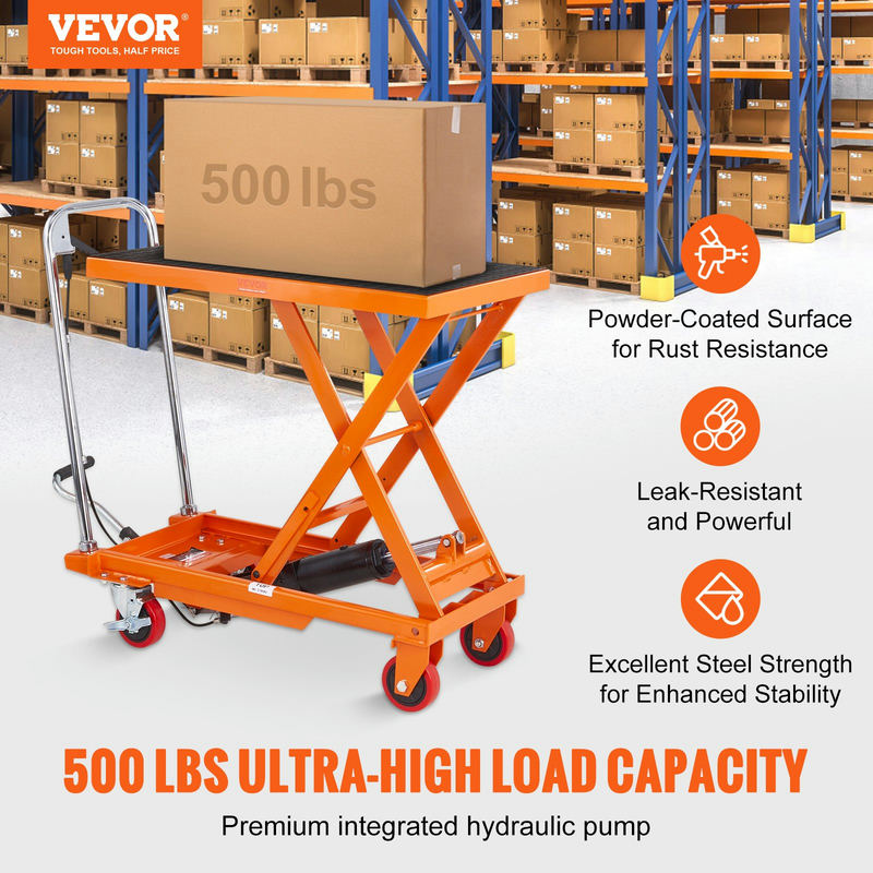 Hidraulisks pacelšanas galda ratiņš, 500 lbs, 28.5" pacelšanas augstums, manuāls vienas šķērveida mehānisms, oranžs