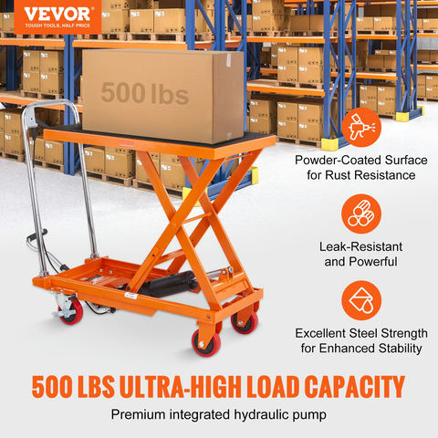 Hidraulisks pacelšanas galda ratiņš, 500 lbs, 28.5" pacelšanas augstums, manuāls vienas šķērveida mehānisms, oranžs