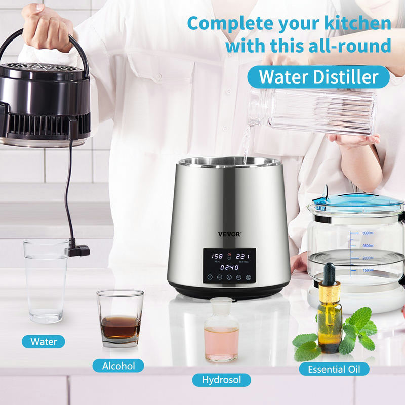 VEVOR 4 L ūdens destilators, 1.5 l/h, ar taimeri un divu temperatūru displeju