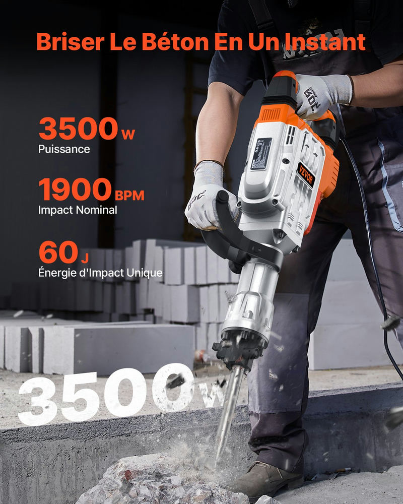 VEVOR demontāžas āmurs JH-65, 3500W, 60J, ar 2 kaltēm un cimdiem
