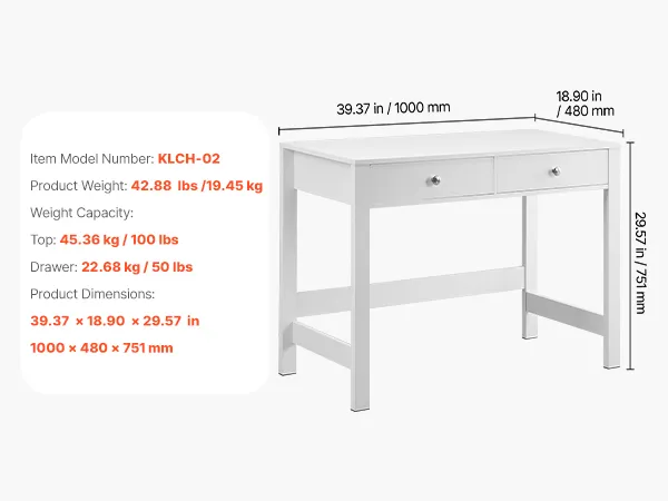 Balta rakstāmgalda tehnisko datu ar 1000 x 480 x 751 mm izmēriem un divām atvilktnēm