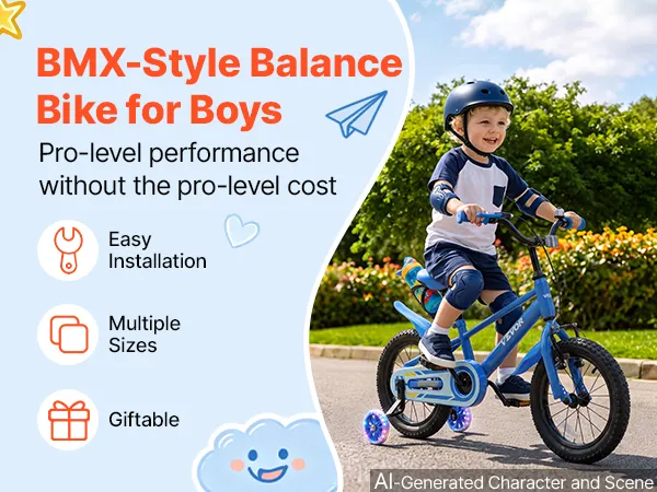 BMX stila bērnu velosipēds ar zēnu pilsētas parkā, blakus uzsvars uz vienkāršu uzstādīšanu un izmēru izvēli