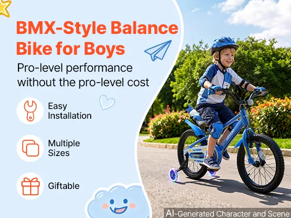 Bērnu BMX velosipēds zilā krāsā ar braucošu bērnu un redzamu stabilo konstrukciju