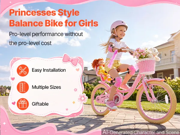 Bērnu velosipēds rozā princeses stilā, sānskats ar meiteni braucienā un priekšējo grozu