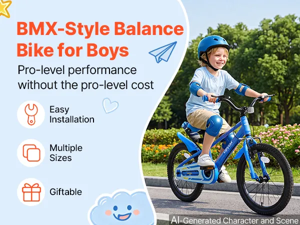 Bērnu velosipēds BMX stilā ar zilu rāmi un uzsvaru uz braukšanu parkā