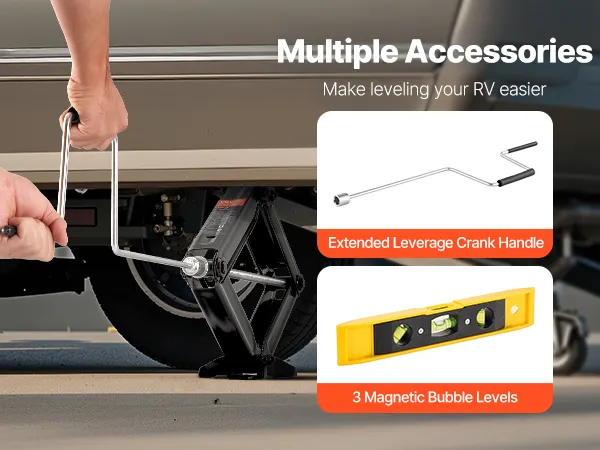 Šķērveida RV stabilizators ar manuālo kloķi un magnētisko burbuļlīmeņa piederumu demonstrāciju