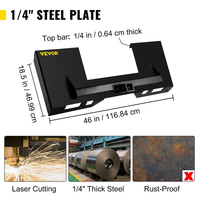 Universāla skid steer montāžas plāksne 1/4" bieza, 3000LBS, tērauds, melna – produkta kopskats
