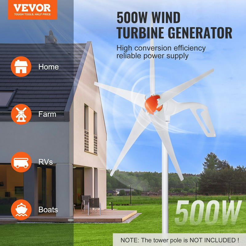 Vēja turbīnas ģenerators 500W, 12V komplekts ar 5 lāpstiņām un MPPT kontrolieri