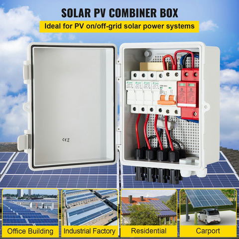 VEVOR PV Combiner Box, 4 virknes, 15A drošinātājs, 63A automāts, IP65, 200 x 200 x 100 mm