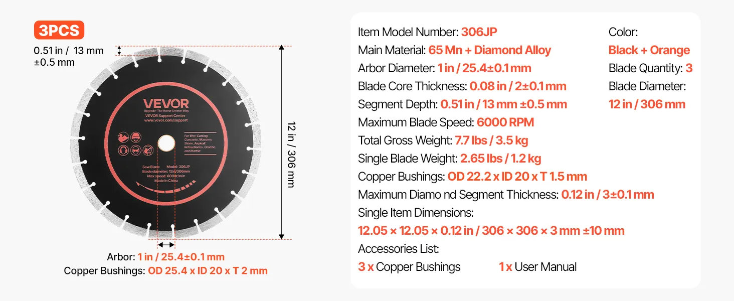 Dimanta zāģa asmens tehnisko parametru plakāts ar 3 gab. komplektu, 6000 RPM un vara uzmavām